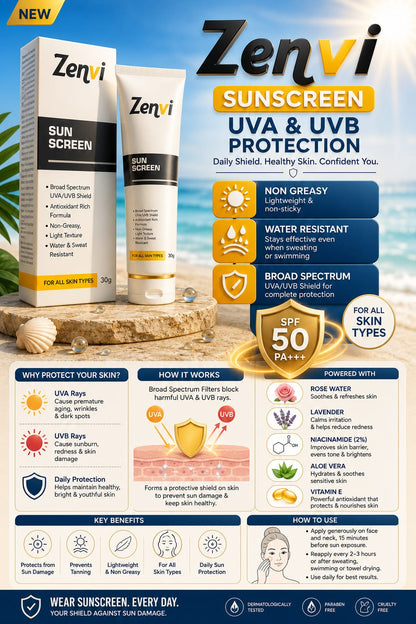Zenvi SPF 50 PA+++ Sunscreen – UVA/UVB Broad Spectrum Daily Protection | Non-Greasy & Water Resistant