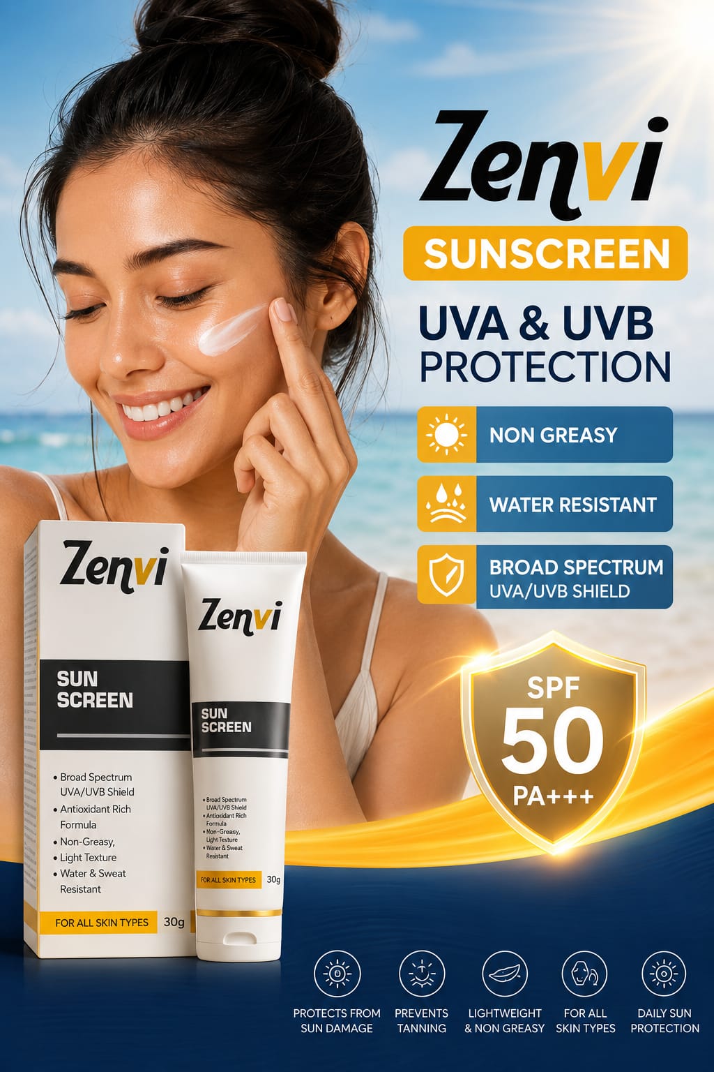 Zenvi SPF 50 PA+++ Sunscreen – UVA/UVB Broad Spectrum Daily Protection | Non-Greasy & Water Resistant