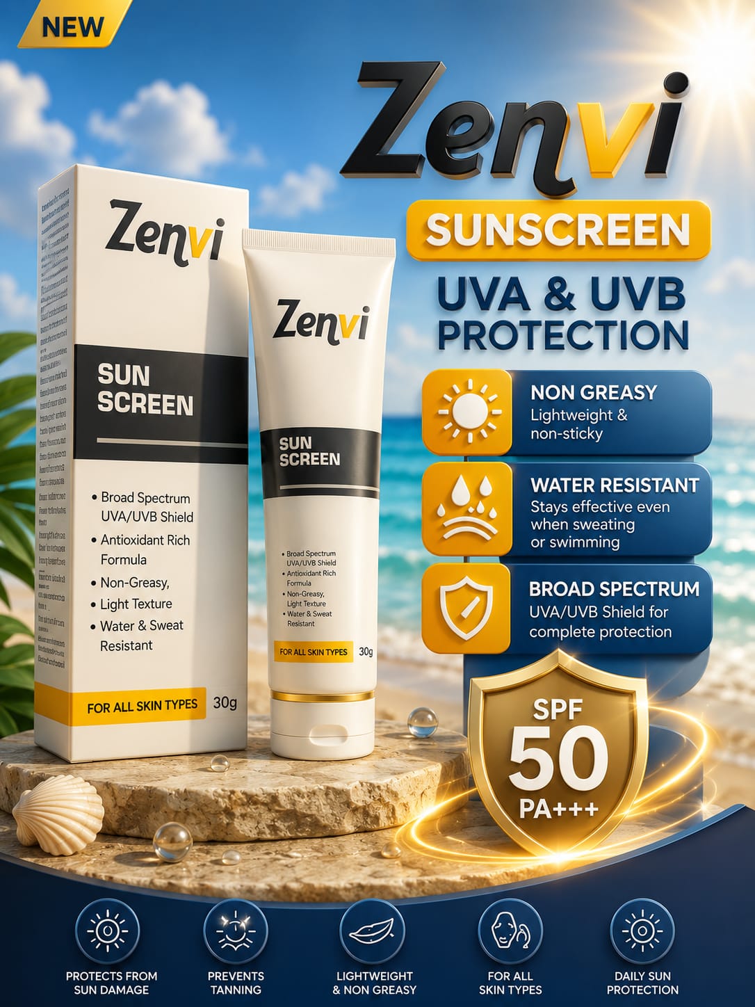 Zenvi SPF 50 PA+++ Sunscreen – UVA/UVB Broad Spectrum Daily Protection | Non-Greasy & Water Resistant