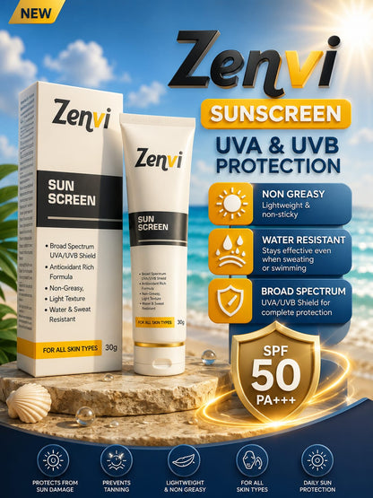 Zenvi SPF 50 PA+++ Sunscreen – UVA/UVB Broad Spectrum Daily Protection | Non-Greasy & Water Resistant